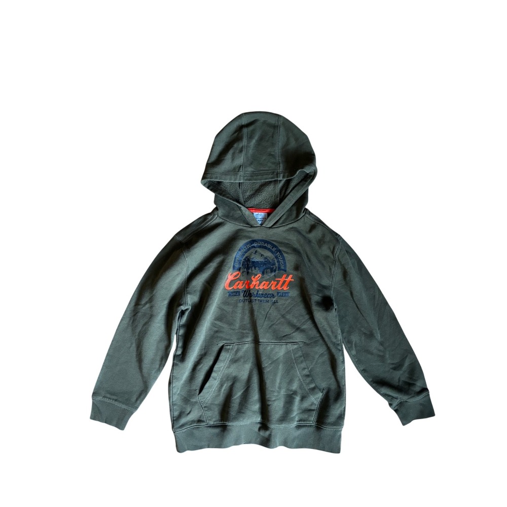 Carhartt Boys Medium 10-12 Olive Green Graphic Pullover Hoodie Sweatshirt Fleece